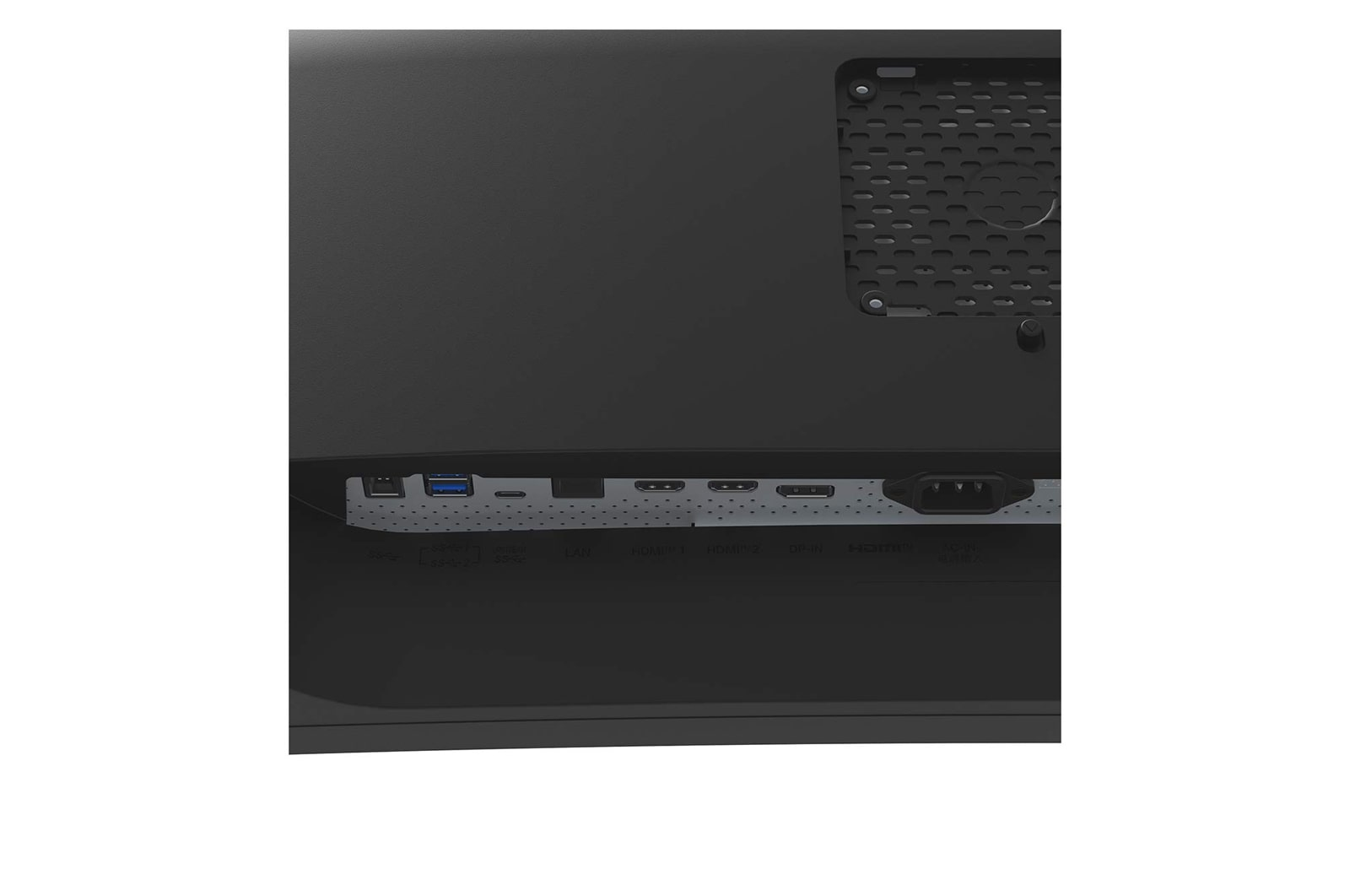 Schwarzes Computer-Monitor-Rückwand mit Anschlüssen: USB, HDMI, DP, Strom. Lüftungsgitter sichtbar.
