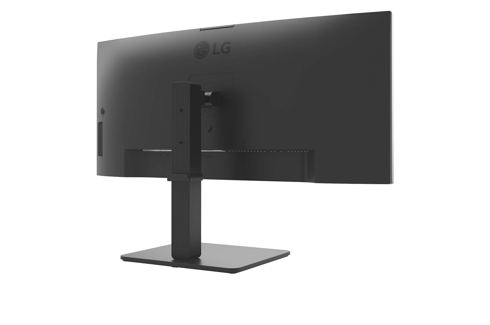Rückansicht eines schwarzen LG-Monitors. Er hat einen gebogenen Bildschirm, einen Ständer und das LG-Logo.
