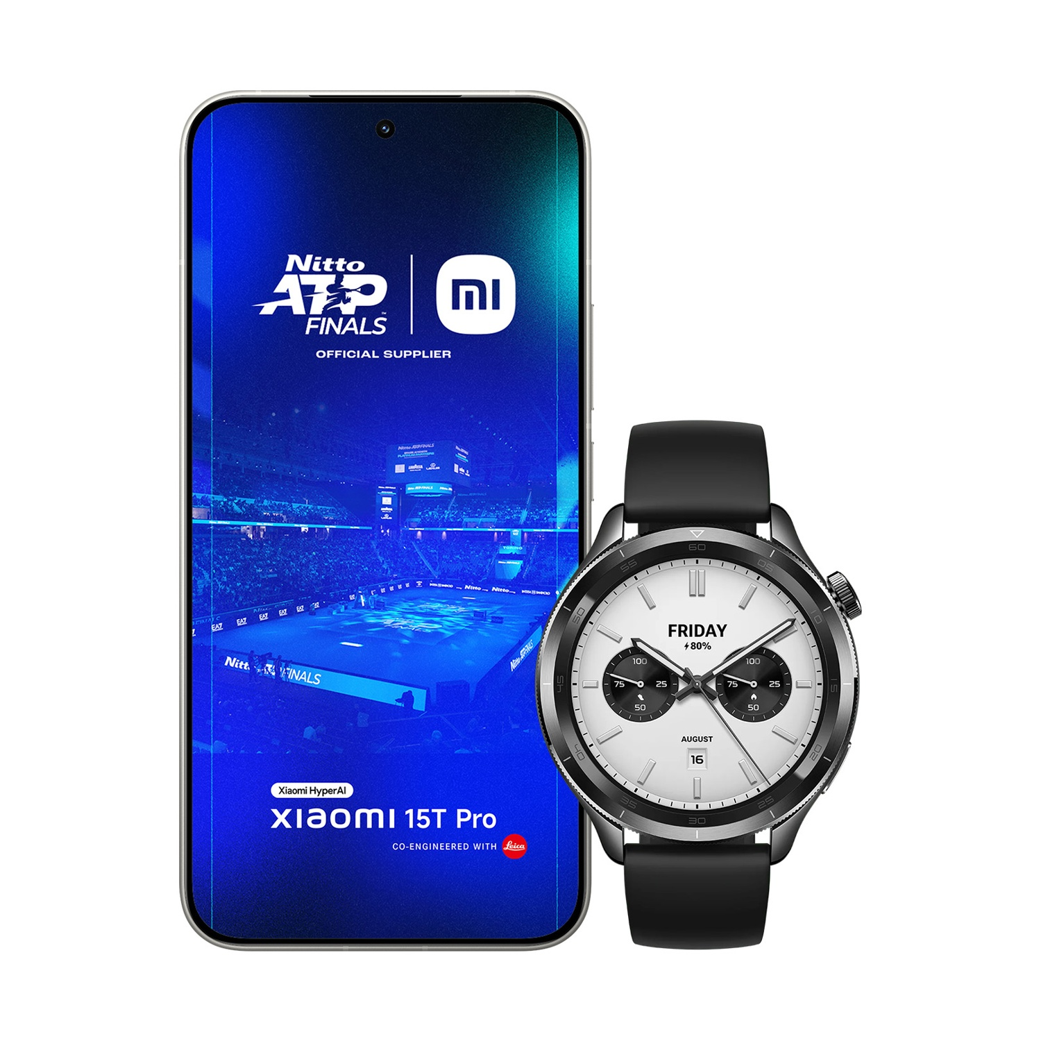 Uno smartphone mostra il logo Nitto ATP Finals. Accanto, uno smartwatch mostra ora e data. È visibile anche Xiaomi 15T Pro.