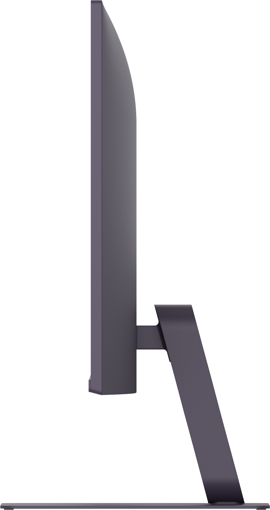 Seitenansicht eines dunkelgrauen Computermonitors. Er steht auf einem Ständer mit modernem Design. Der Hintergrund ist weiß.
