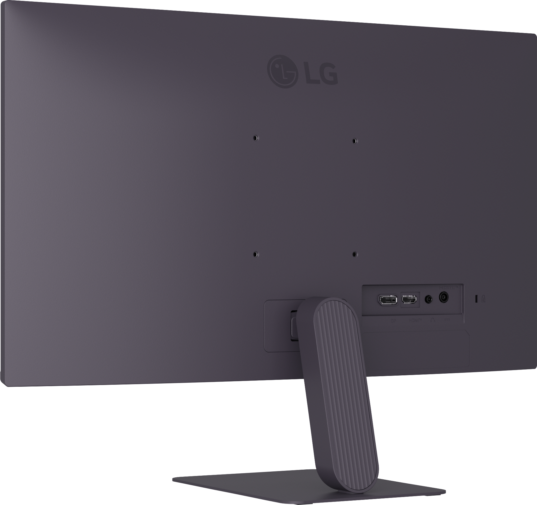 Rückansicht eines dunkelgrauen LG-Monitors. Der Monitor hat einen Ständer und verschiedene Anschlüsse. Das LG-Logo ist sichtbar.