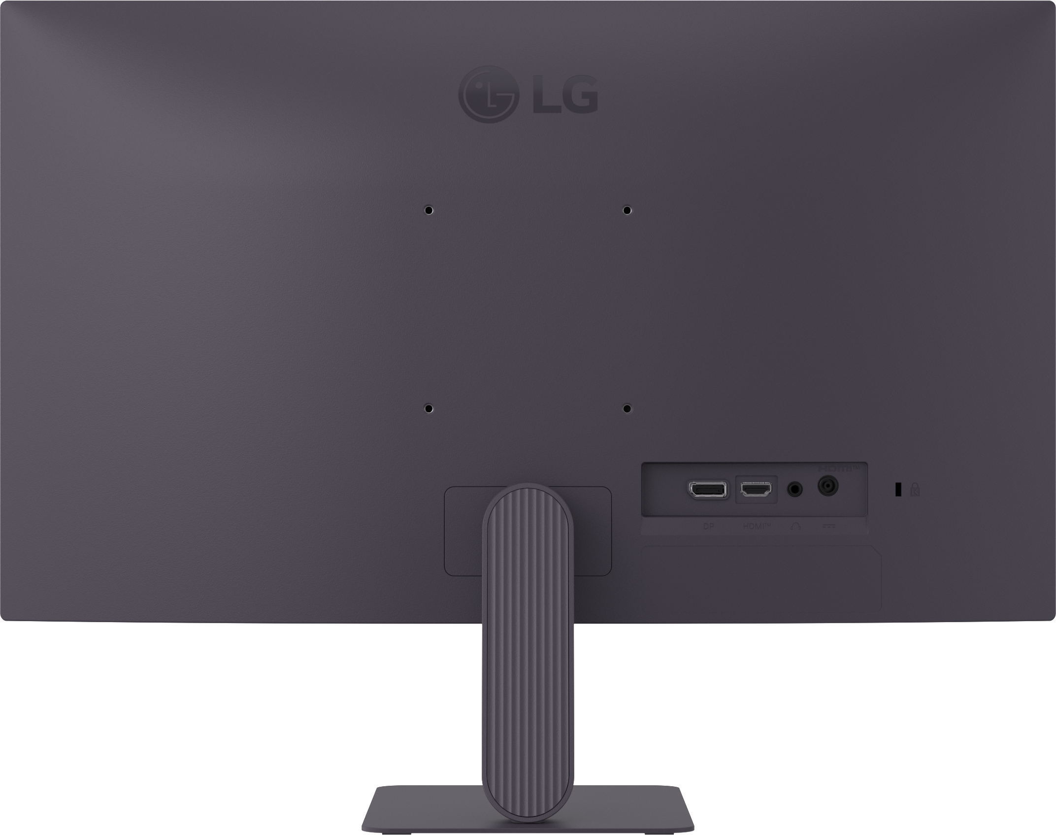 Rückseite eines LG-Monitors. Grau mit Anschlüssen und Ständer. LG-Logo oben.