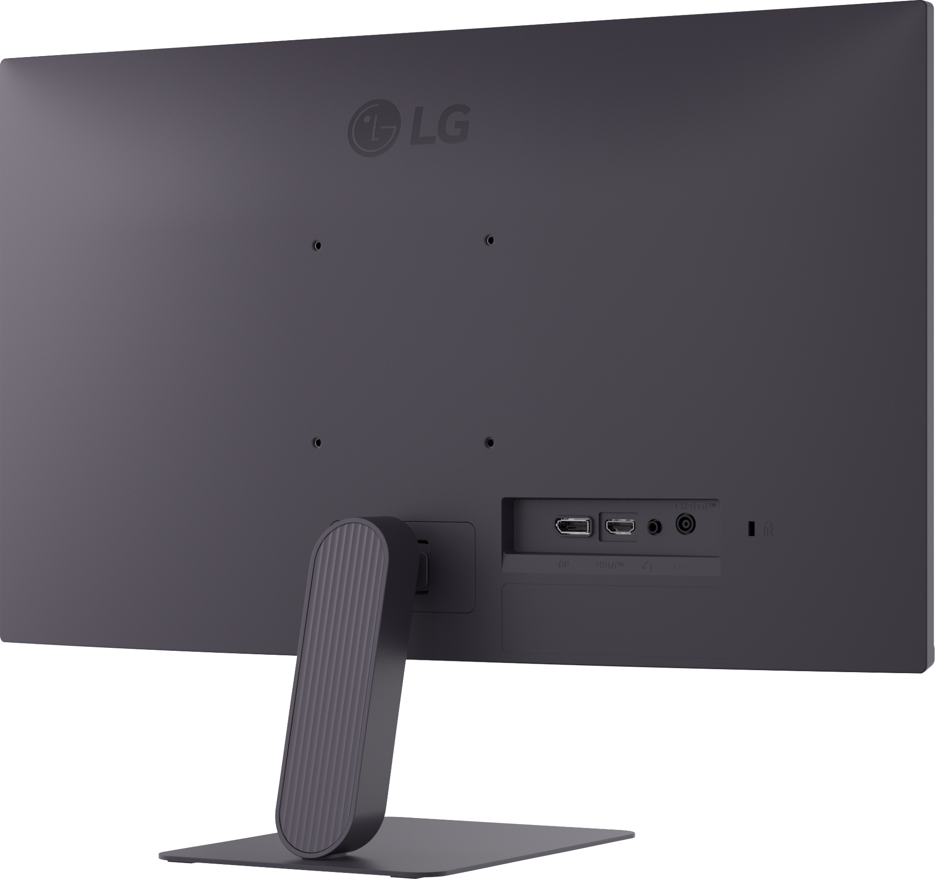 Rückseite eines dunkelgrauen LG-Monitors. Anschlüsse sind sichtbar. Ein vertikaler Ständer stützt den Monitor.