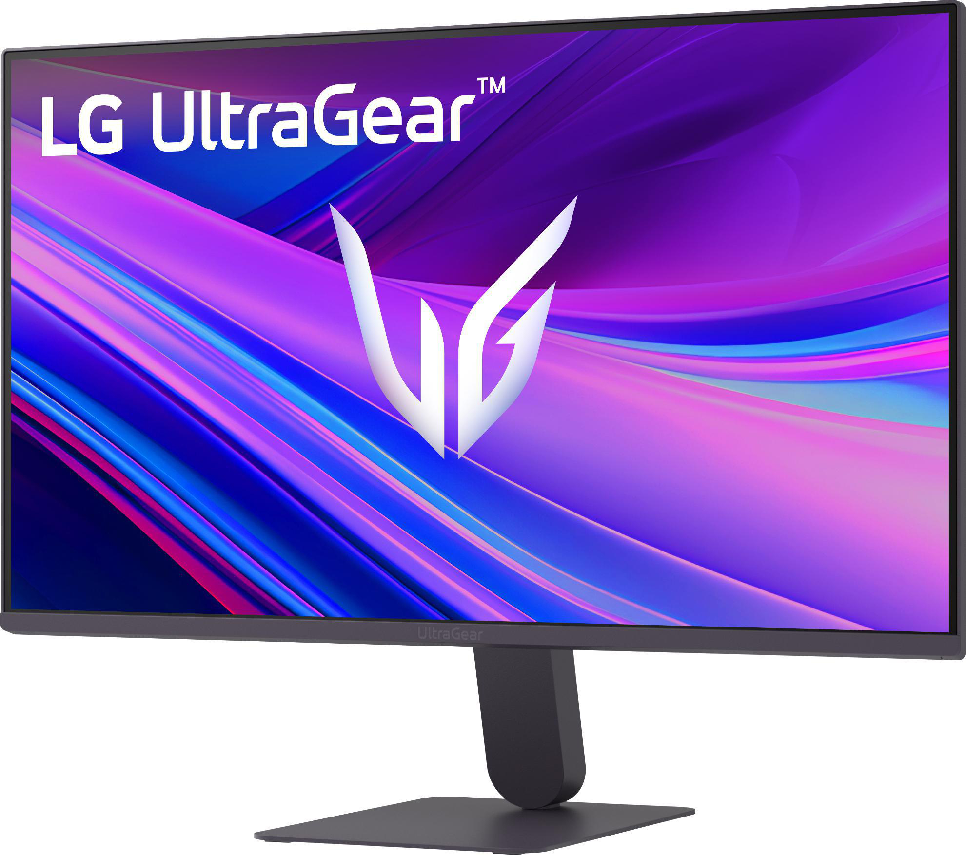 LG UltraGear Monitor. Der Bildschirm zeigt ein abstraktes Design in Lila und Blau. Der Monitor steht auf einem schwarzen Ständer.