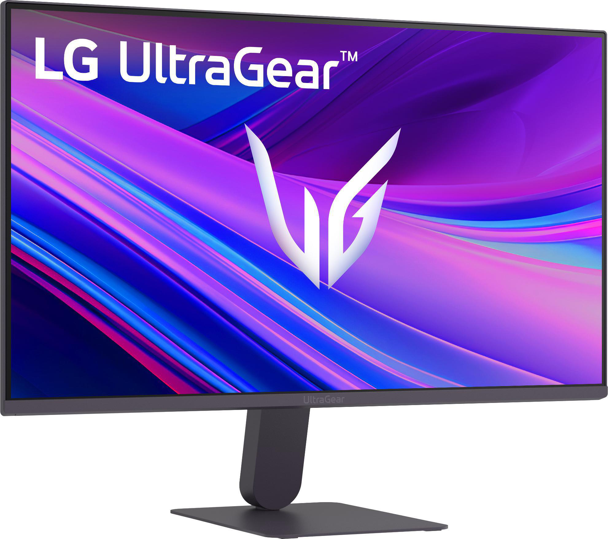 LG UltraGear Monitor. Anzeige zeigt ein abstraktes Design in Lila, Blau und Pink. Weißes LG-Logo. Schwarzer Ständer und Sockel.