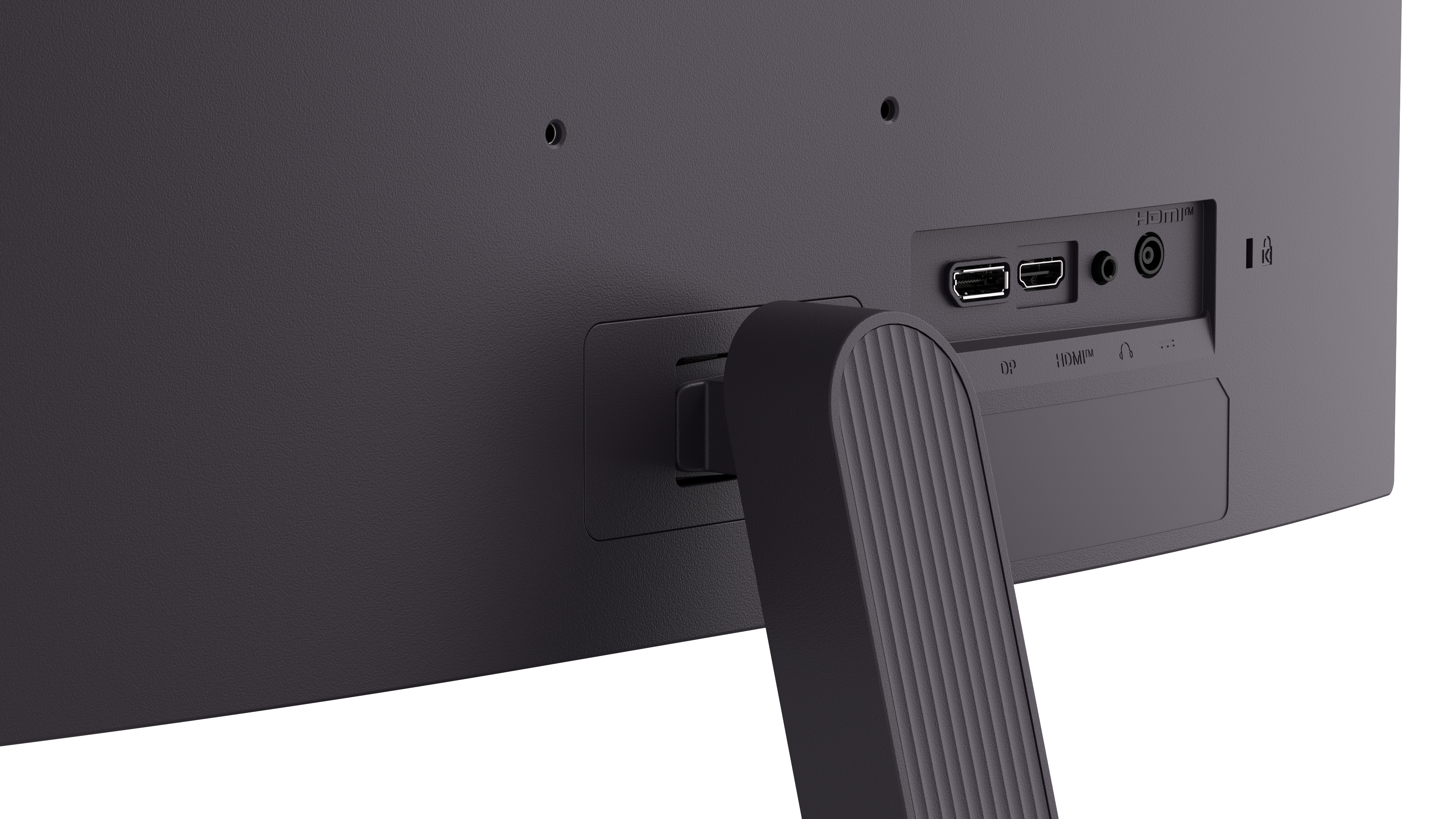Die Rückseite eines dunklen Monitors mit Anschlüssen und einem Ständer. Zu den Anschlüssen gehören USB, HDMI und Audio. Der Ständer ist gerippt.
