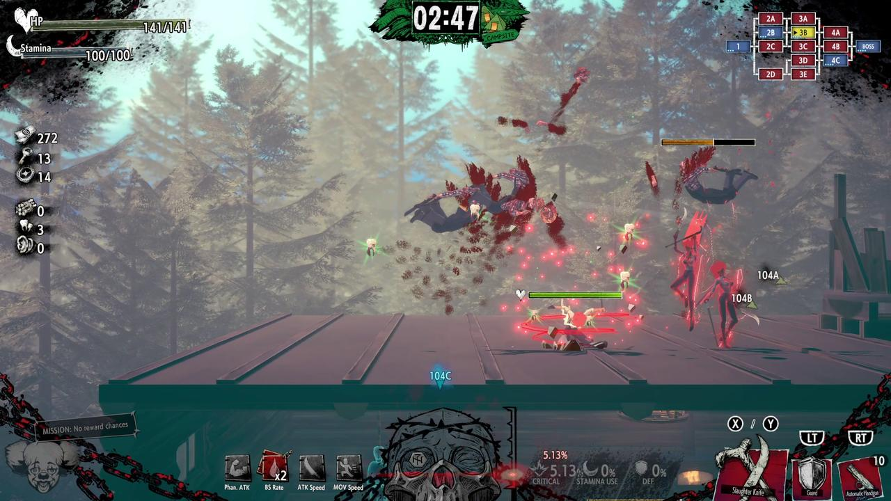 Eine Videospielszenen mit kämpfenden Charakteren. Rote und schwarze Figuren befinden sich auf einer Plattform mit Wald im Hintergrund.