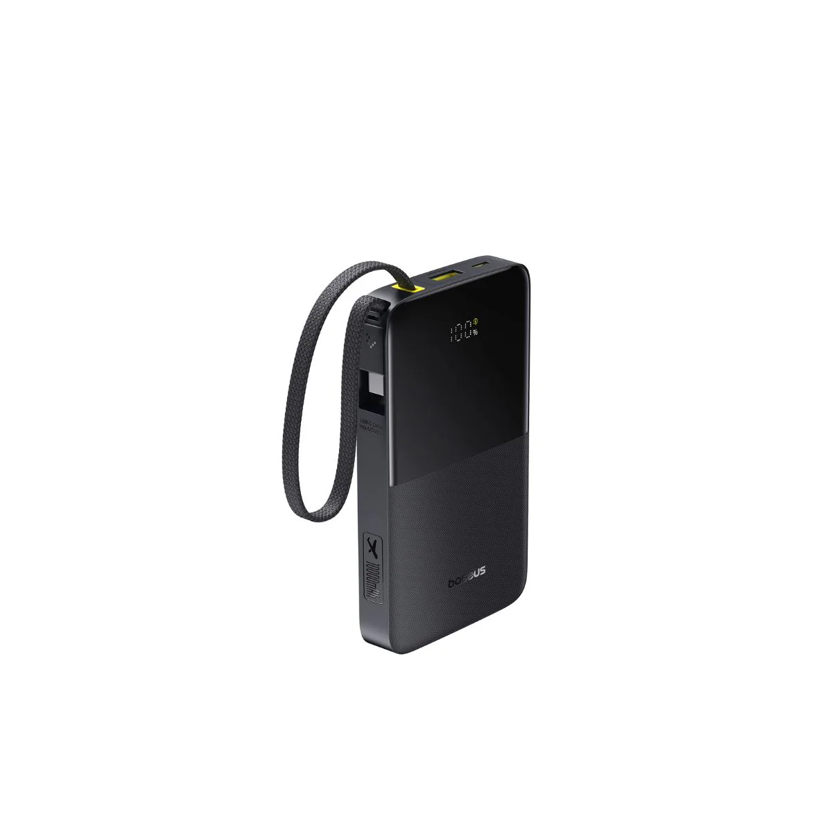 Fekete power bank pánttal és digitális kijelzővel, ami 100%-ot mutat. A "Baseus" márka látható.