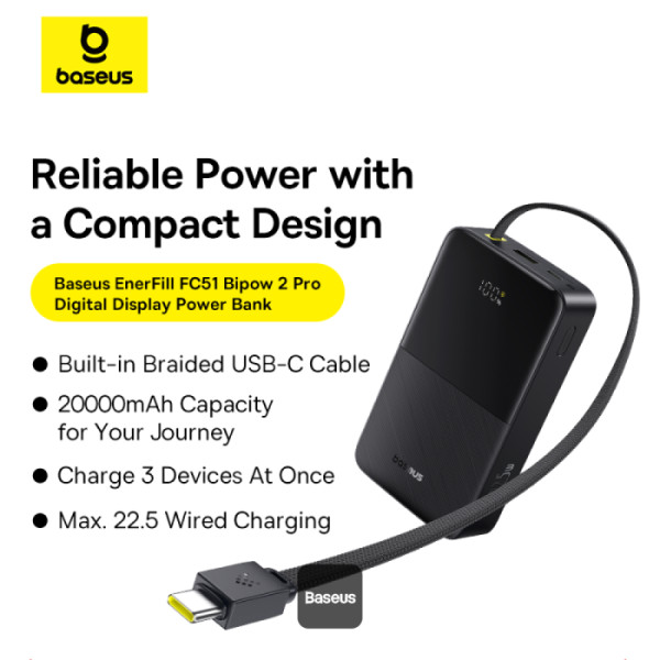 Baseus power bank. Fekete készülék fonott USB-C kábellel. Sárga logó. A szöveg olyan funkciókat említ, mint a 20000mAh kapacitás és a gyorstöltés.