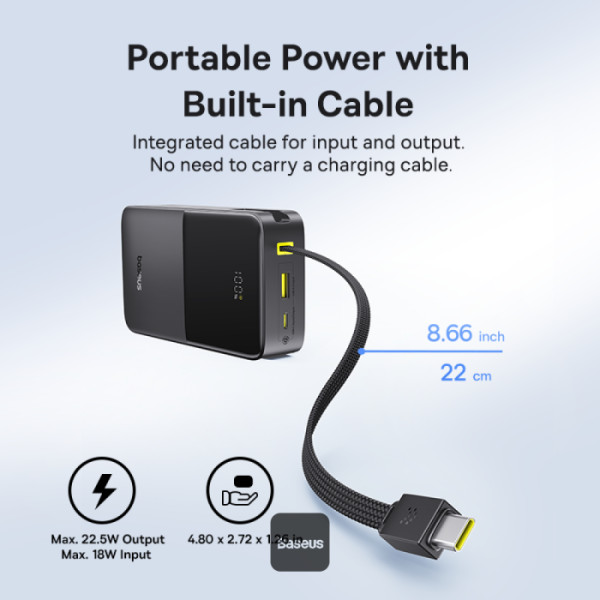 Fekete power bank beépített kábellel. 100%-os töltést mutat, méretekkel és töltési specifikációkkal.