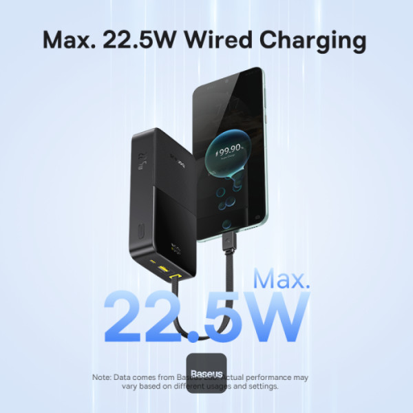 Egy telefon fekete power bankhoz csatlakozik. A képernyő a töltést mutatja. Fent szöveg: Max 22.5W Wired Charging.