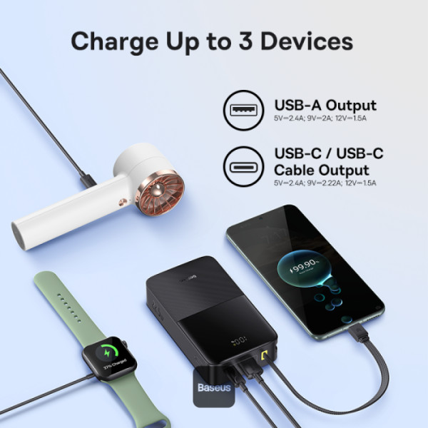 A képen egy power bank látható, amely három eszközt tölt: egy hajszárítót, egy okosórát és egy okostelefont.