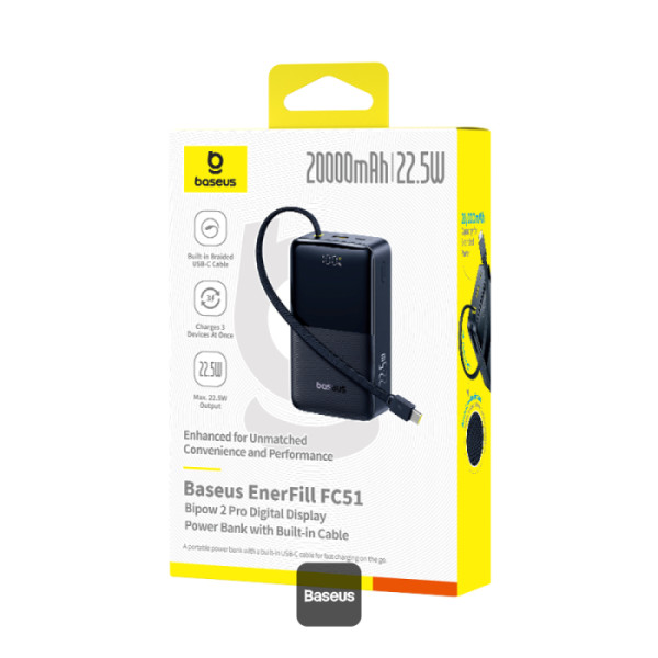 Egy Baseus power bank doboz. Fekete, beépített kábellel. A doboz fehér és sárga, szöveggel és termékképpel.