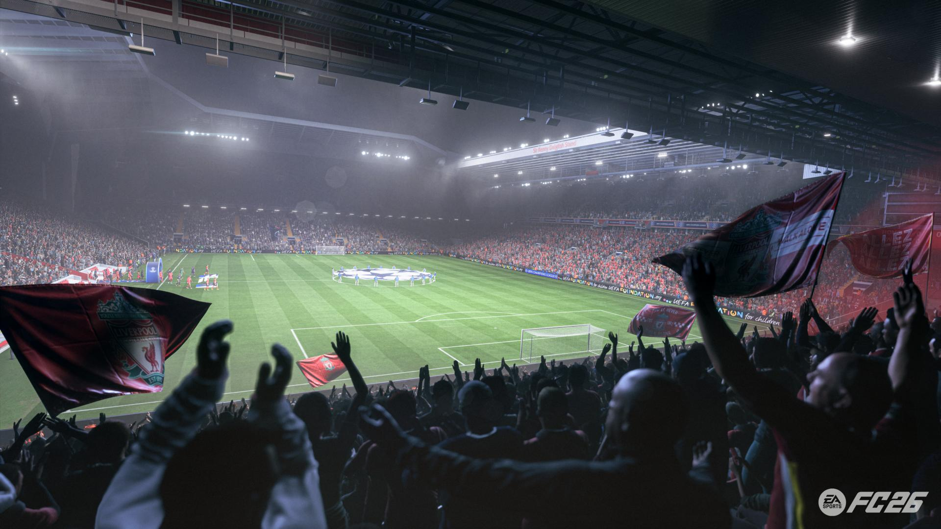 Ein volles Stadion mit Fans, die Liverpool-Flaggen schwenken. Auf dem grünen Feld findet ein Fußballspiel statt.