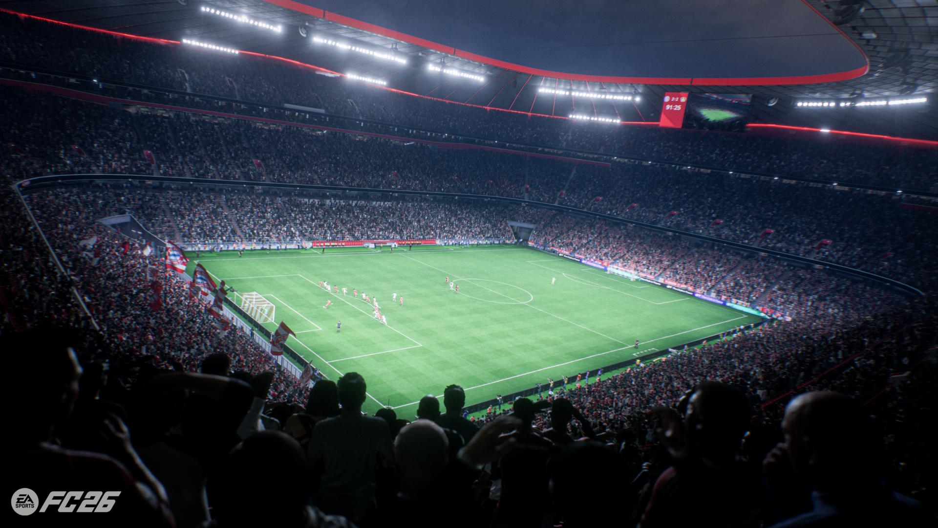 Ein volles Stadion während eines Fußballspiels. Grünes Feld, Spieler sichtbar, Fans auf den Tribünen. Anzeigetafel zeigt das Ergebnis.