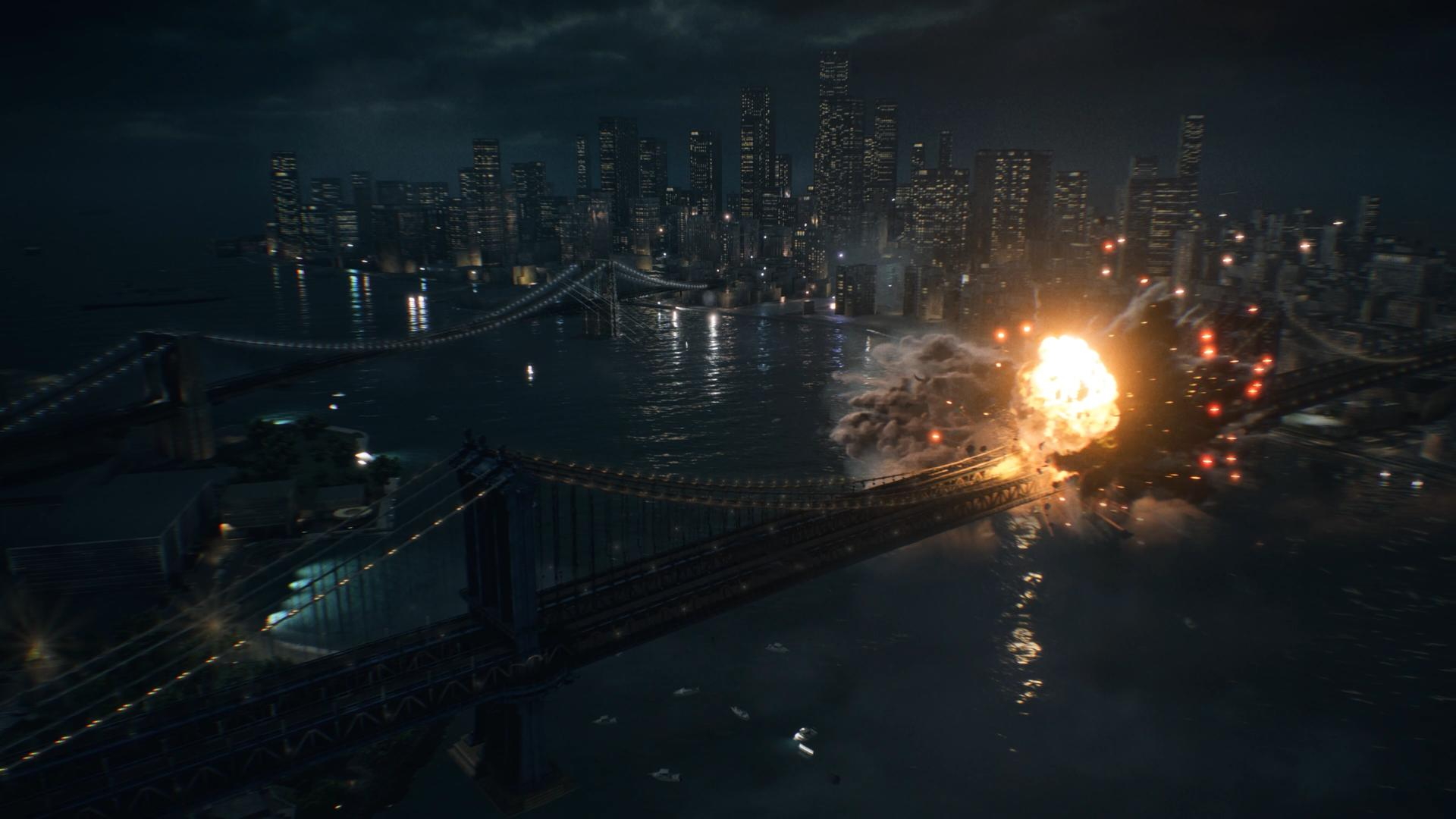 Nacht-Stadtlandschaft mit Brücke, Wasser und Explosion. Gebäude im Hintergrund, Brücke im Vordergrund und eine helle Explosion auf dem Wasser.