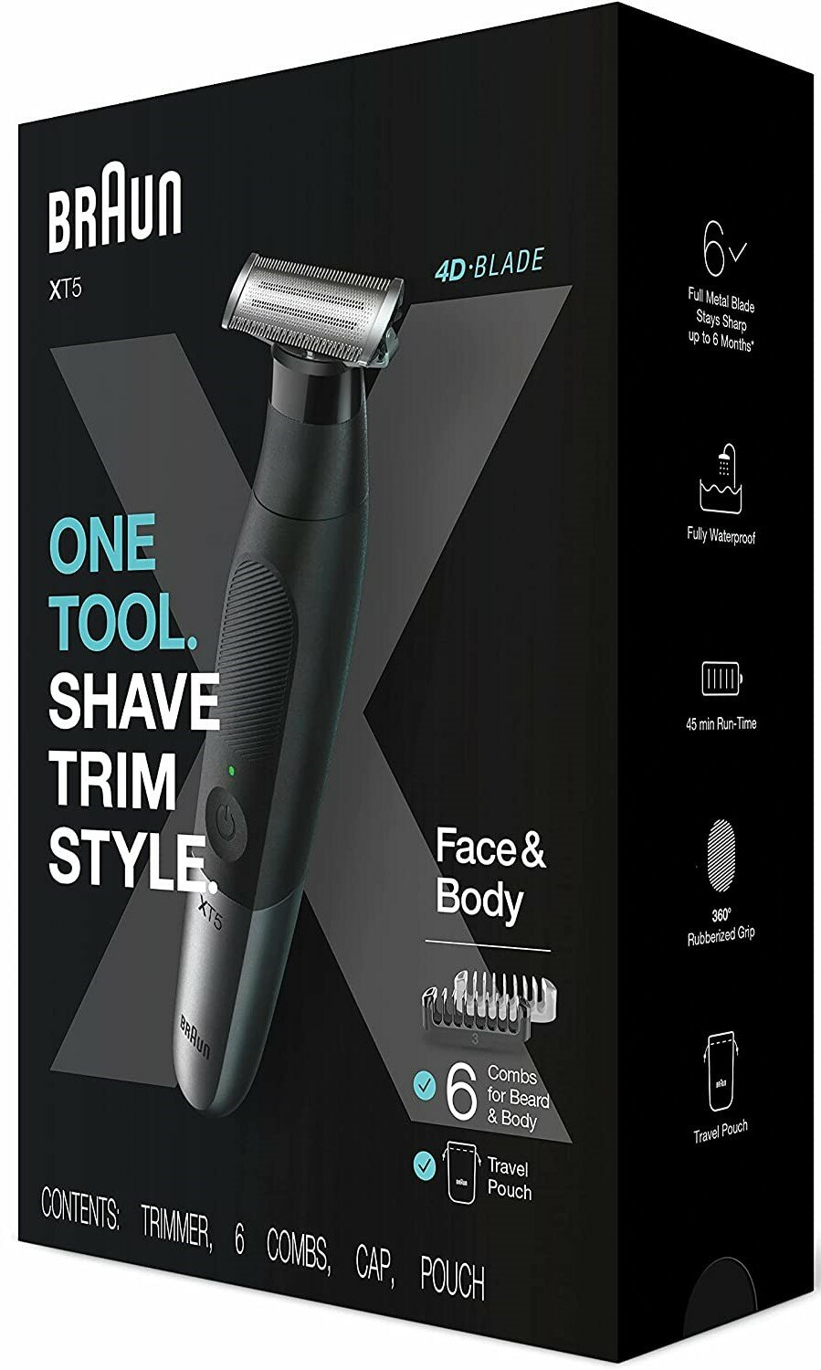 Pudełko Braun XT5 pokazuje trymer, ostrze 4D i funkcje, takie jak wodoodporność i 6 grzebieni. Do twarzy i ciała, zawiera etui podróżne.
