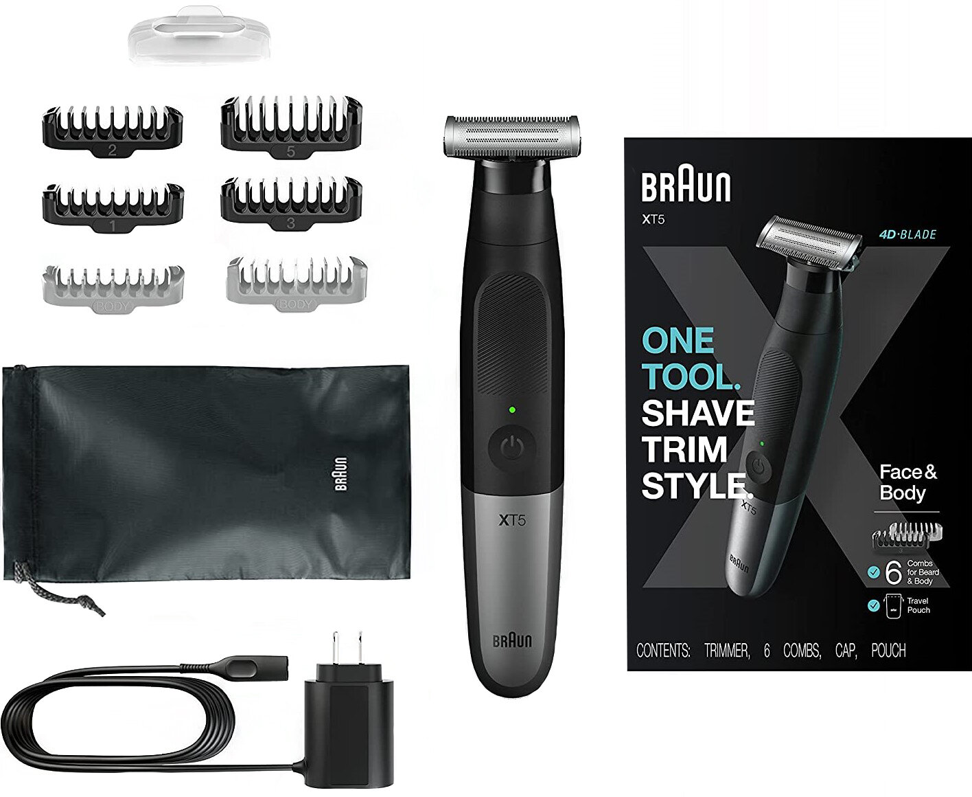 Zestaw trymera Braun XT5. Zawiera trymer, grzebienie, nasadkę i etui. Na pudełku napis: One Tool, Shave, Trim, Style.
