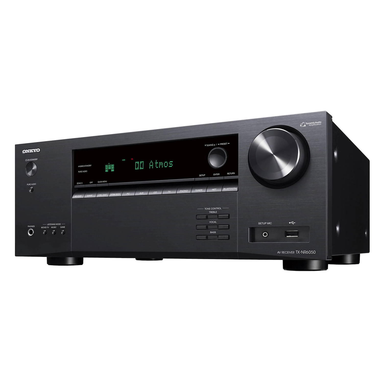A black Onkyo AV receiver, model TX-NR6050, with a large volume knob, buttons, and a display showing '00 Atmos'.