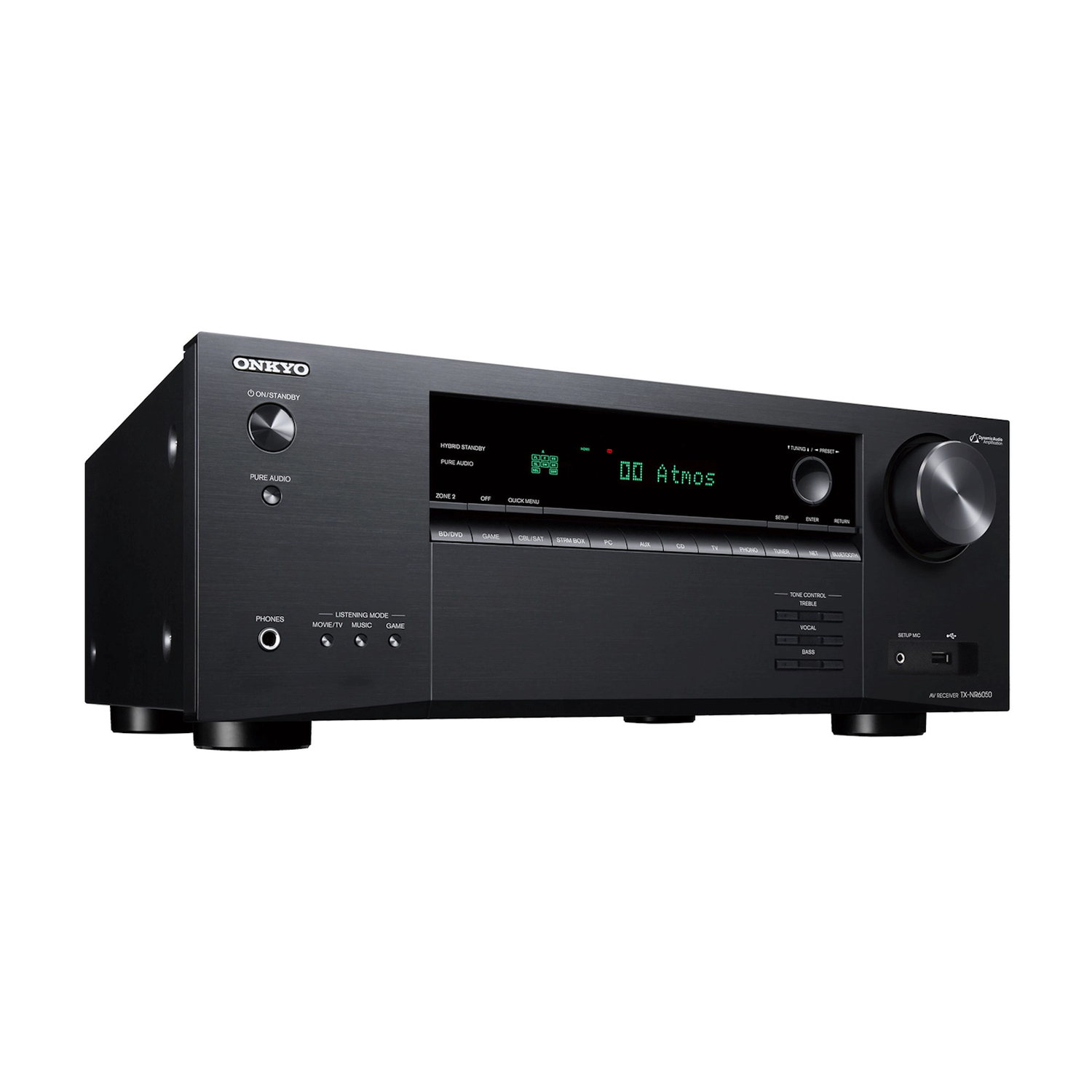 A black Onkyo AV receiver. It has a display showing '00 Atmos', multiple buttons, and a large volume knob on the right.