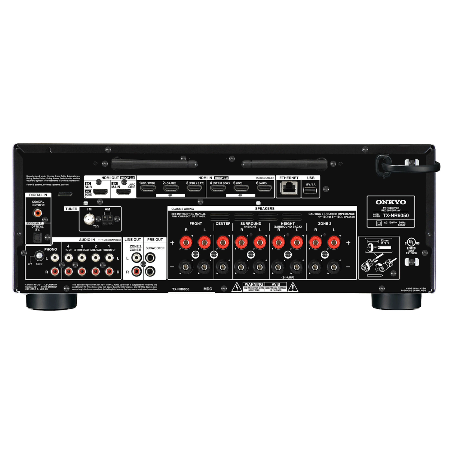 Black receiver back panel with various ports and labels. Includes HDMI, speakers, and power connections. Onkyo TX-NR6050 model.