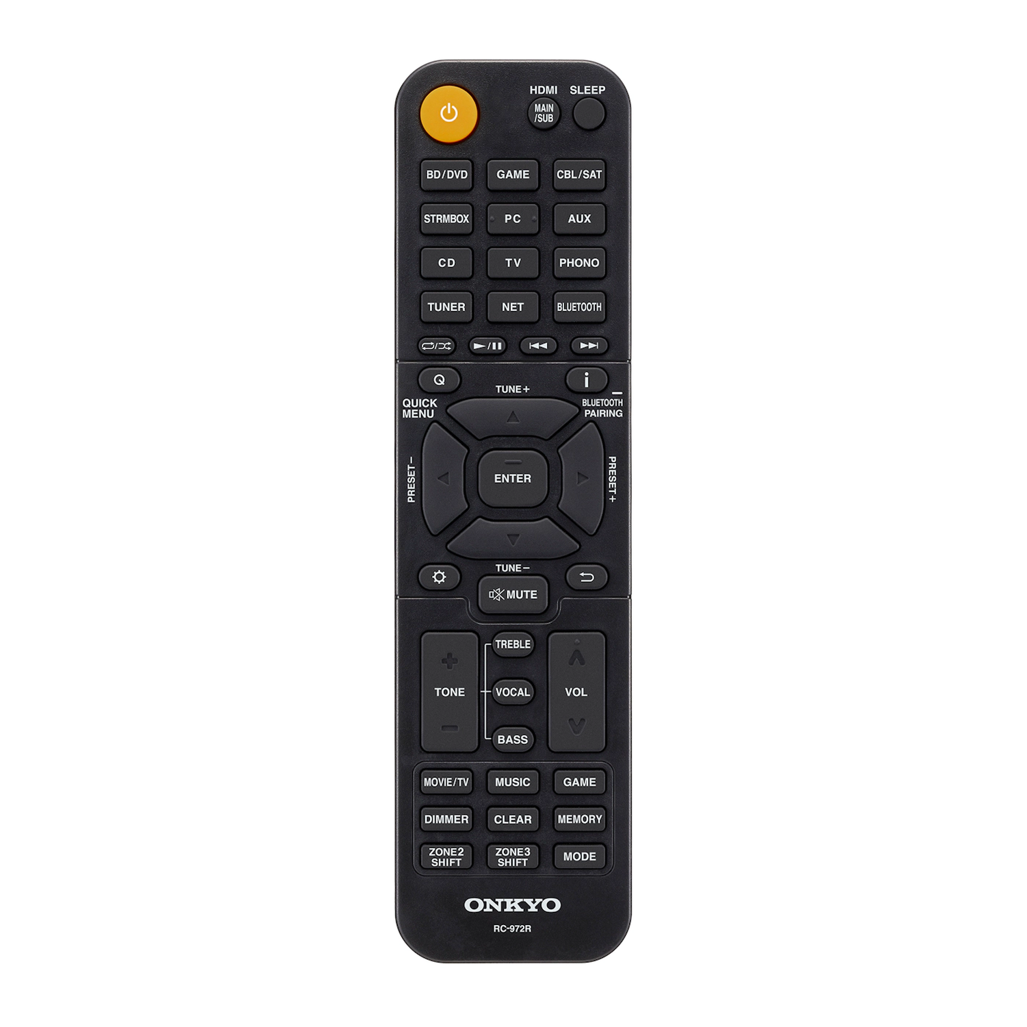 Black Onkyo RC-972R remote. It has many buttons for controlling audio/video equipment, including power, volume, and input selection.