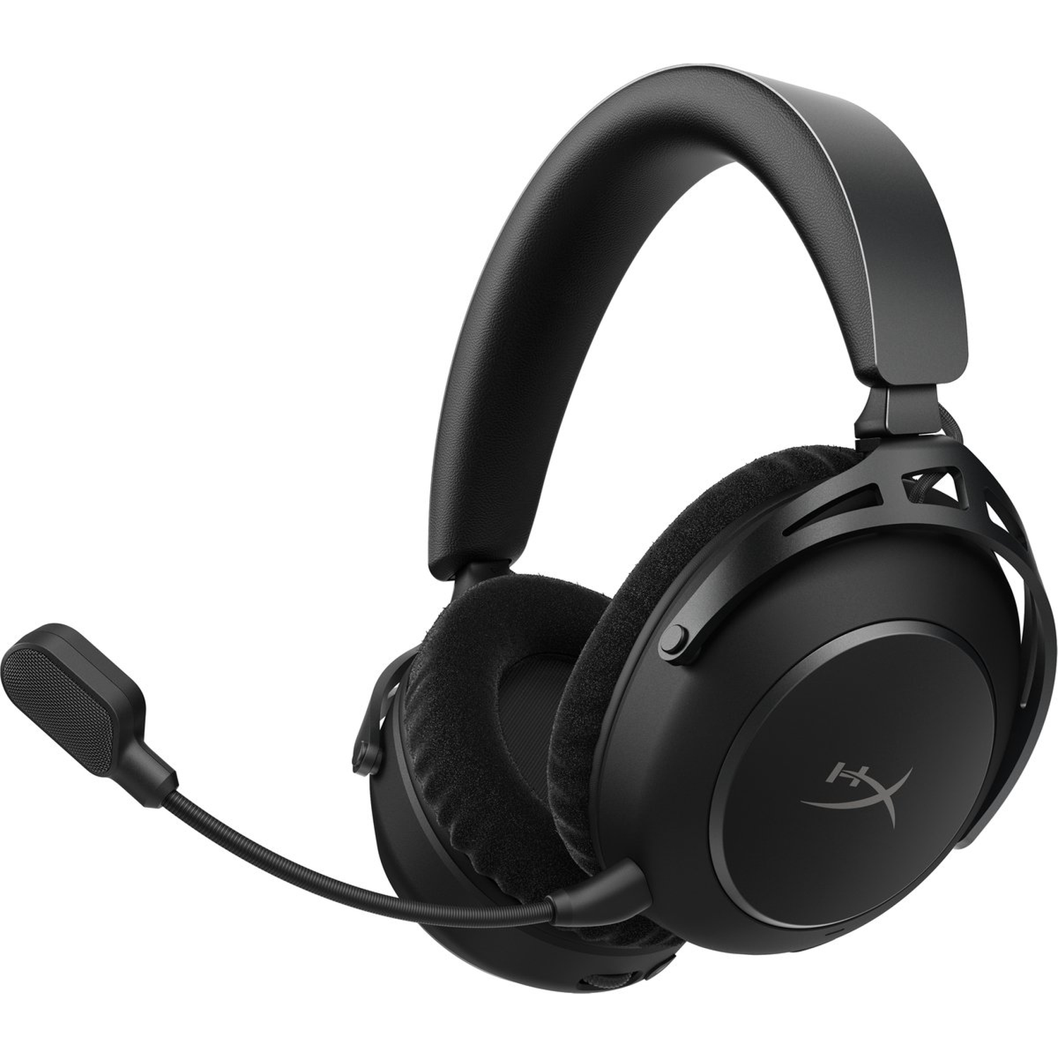 Zwarte gamingheadset met een microfoon. Het heeft gevoerde oorschelpen en een hoofdband. De achtergrond is wit.