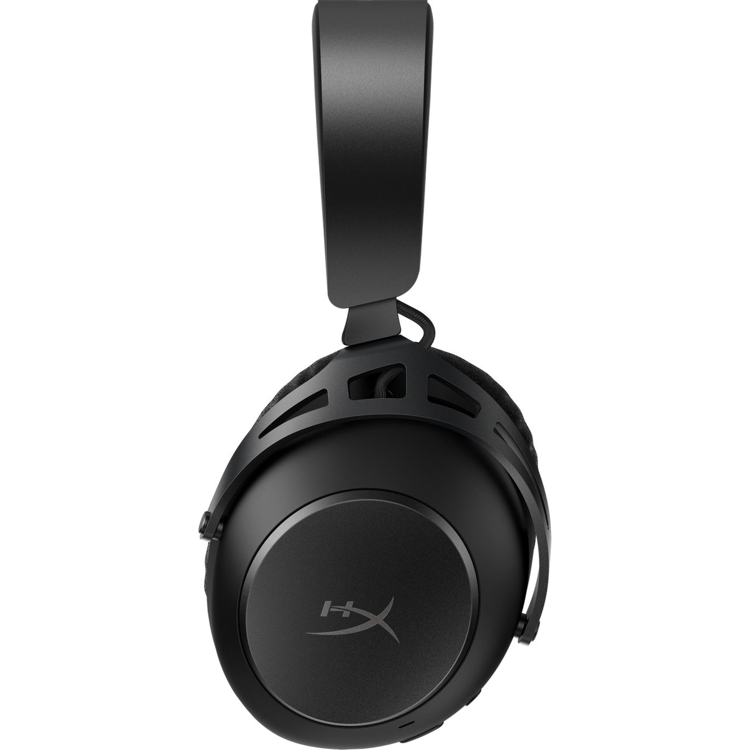 Zwarte HyperX gaming headset, hangend tegen een witte achtergrond. De headset heeft een ronde oorschelp en een hoofdband.