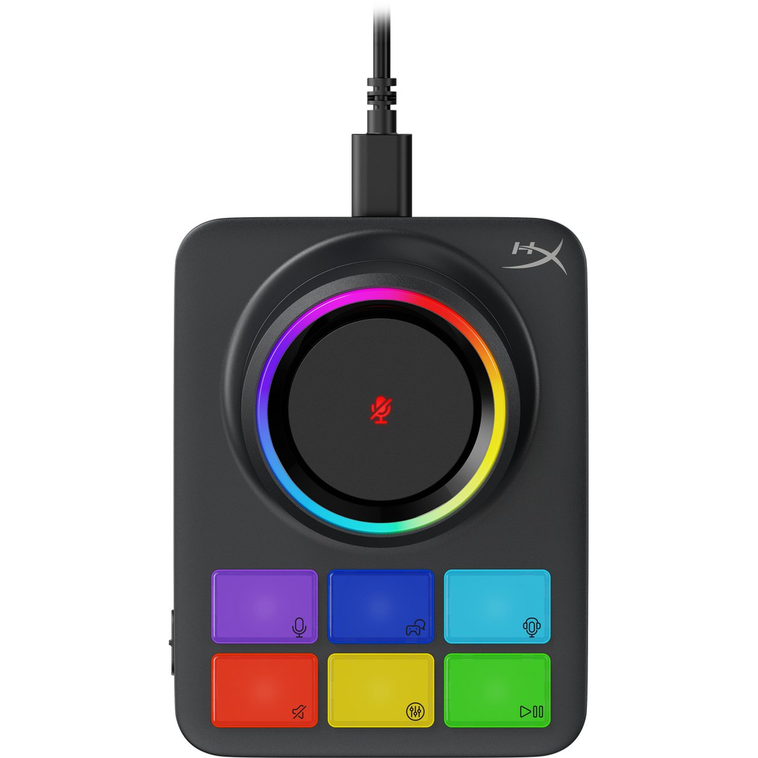 Een zwarte audio-interface met een centrale draaiknop met een veelkleurige lichtring. Daaronder bevinden zich zes gekleurde knoppen met pictogrammen.