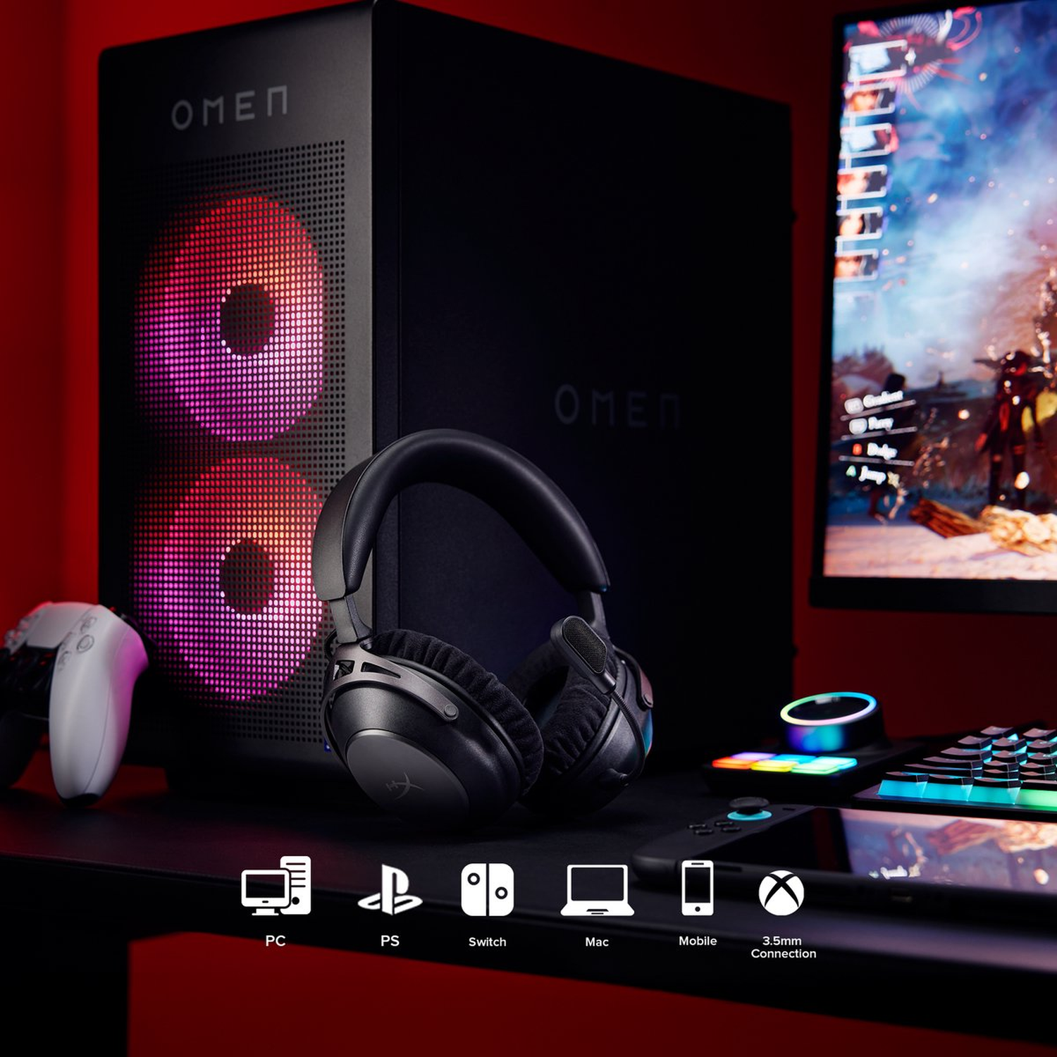 Een gaming setup met een zwarte OMEN pc, headset, controller en toetsenbord. Pictogrammen tonen compatibiliteit.
