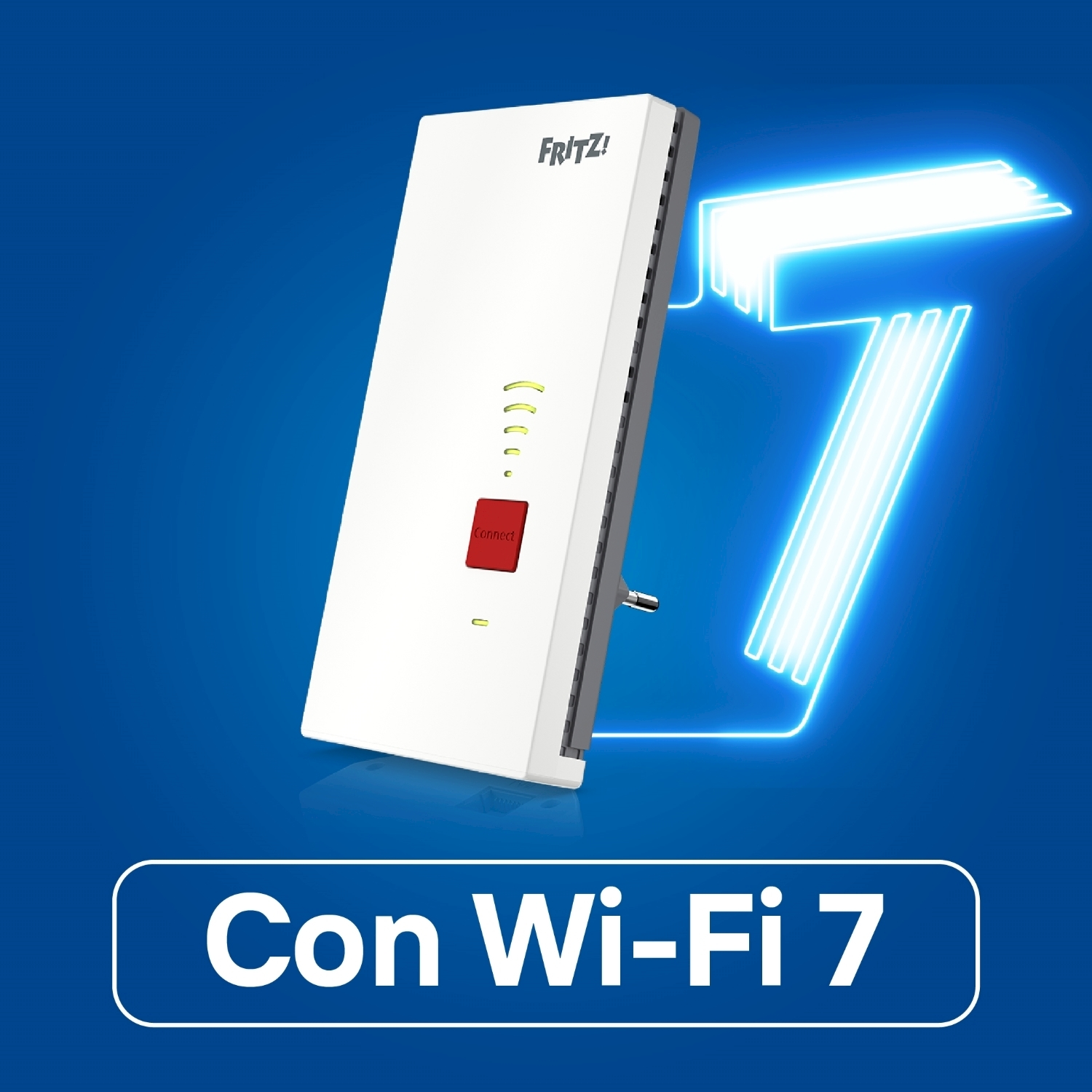 Ripetitore Wi-Fi bianco con pulsante 'Connect' rosso. Sfondo blu con un '7' luminoso e testo 'Con Wi-Fi 7'.