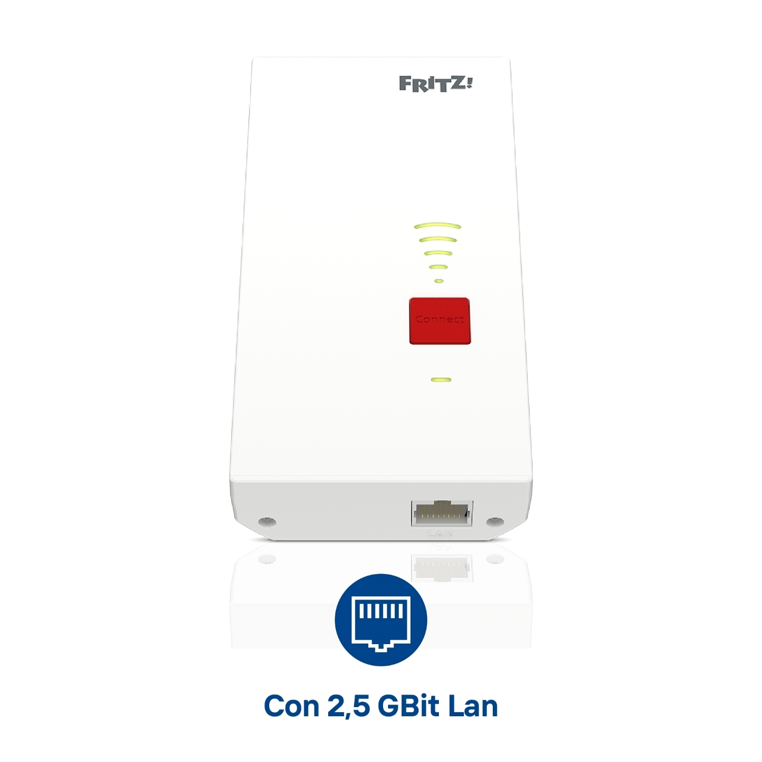 Ripetitore FRITZ! bianco con pulsante connetti rosso, luci LED verdi e porta LAN. Testo in basso: Con 2,5 GBit Lan.