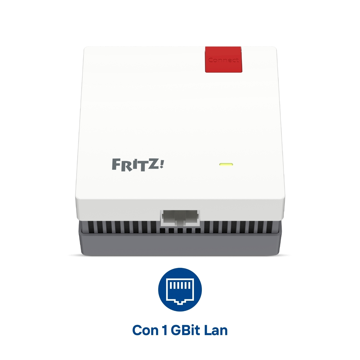 Un dispositivo FRITZ! Connect bianco e grigio con un quadrato rosso e una luce gialla. Ha una porta LAN e un'icona blu.