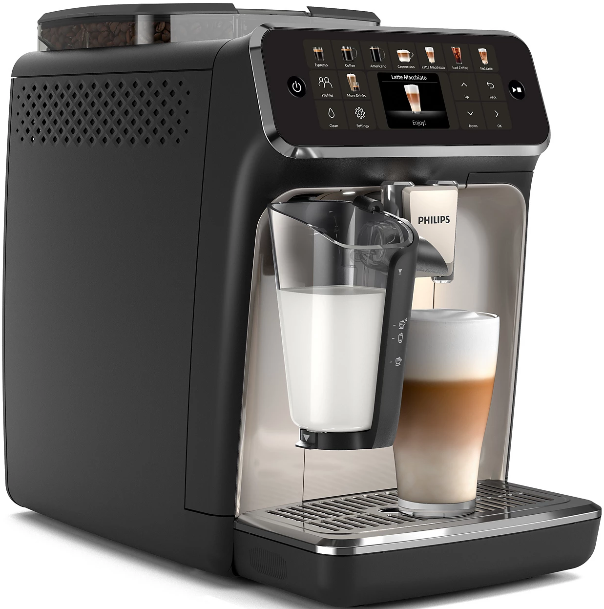 Une machine à café Philips noire et argentée préparant un latte macchiato. Un verre de lait et un verre de café sont visibles.