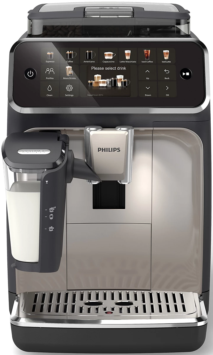 Une machine à expresso Philips. Elle dispose d'un écran tactile avec des options de boissons, un mousseur à lait et un réservoir d'eau.