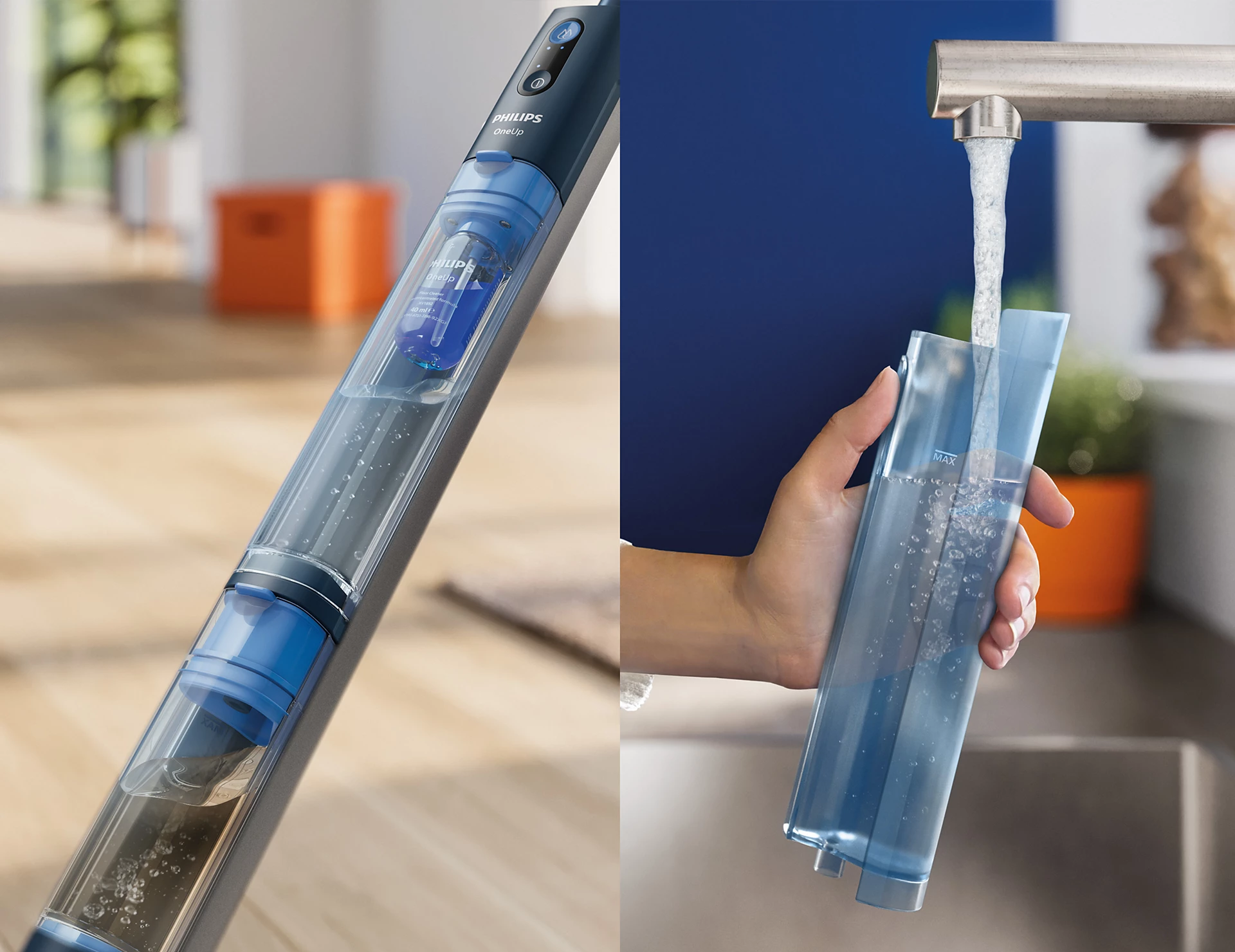 Un aspirateur Philips OneUp et une main remplissant un récipient bleu d'eau du robinet. L'arrière-plan a un pot orange.