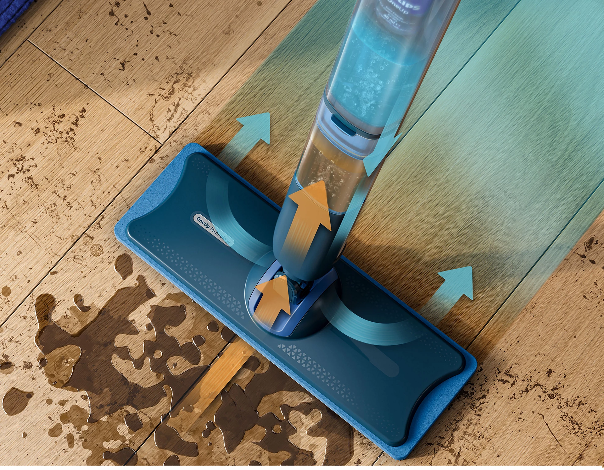 Une serpillère bleue et blanche nettoie un plancher en bois. Des flèches indiquent la pulvérisation et la direction de nettoyage. Le sol est partiellement mouillé.