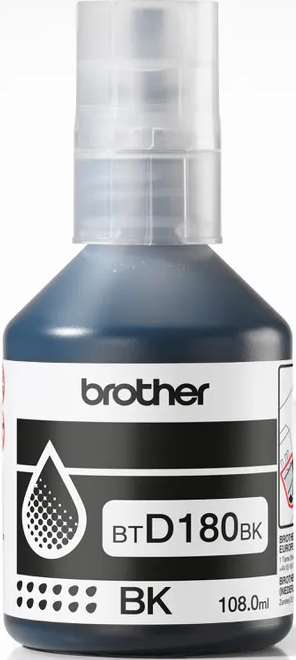 Eine Brother-Tintenflasche mit schwarzer Tinte. Die Flasche hat ein weißes Etikett und einen durchsichtigen Deckel.