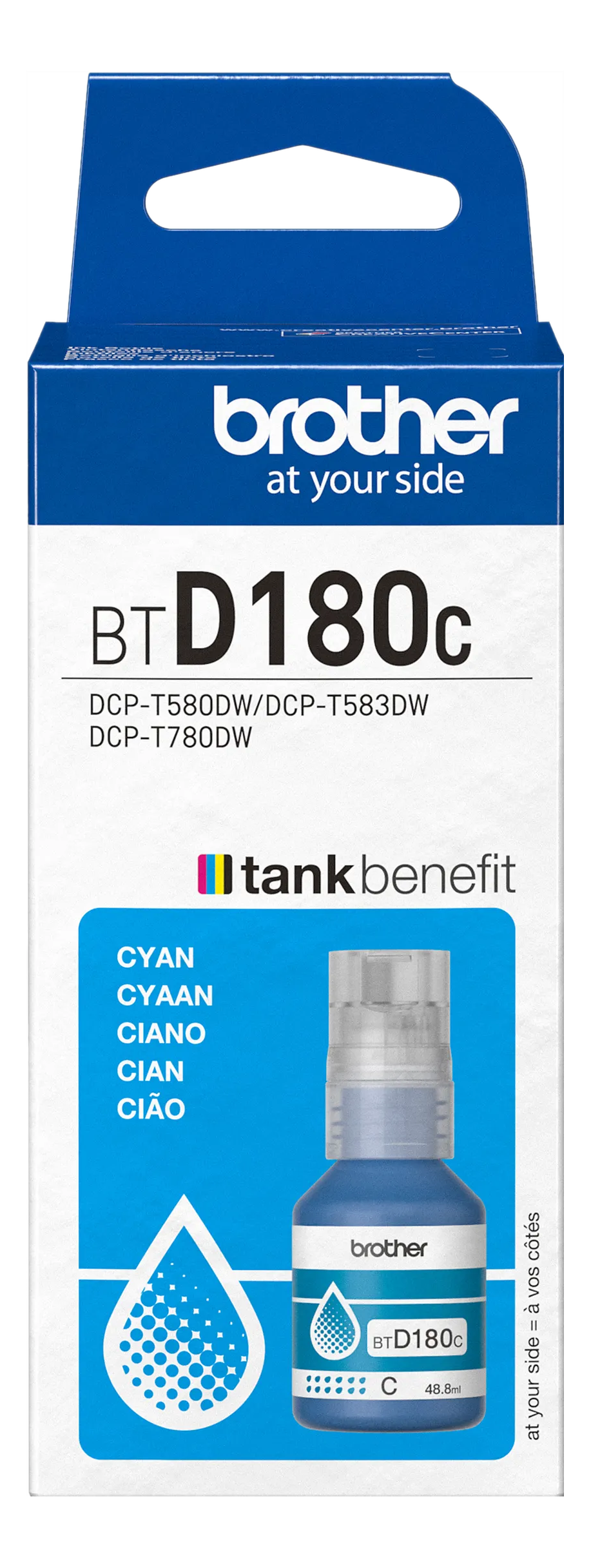 Cartouche d'encre cyan Brother BT D180c. Emballage bleu et blanc avec informations sur le produit et la marque. Inclut une bouteille.