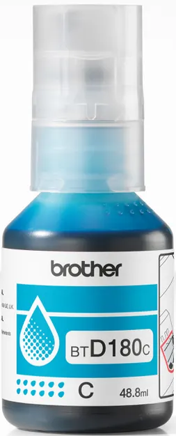 Une bouteille d'encre cyan Brother. Elle comporte une étiquette blanche avec le logo Brother, le type d'encre et les informations de volume.
