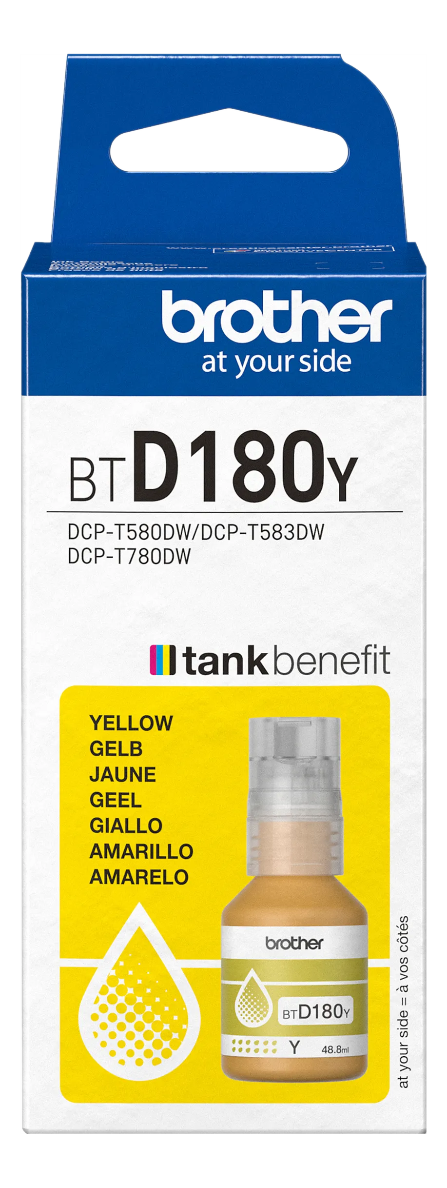 Brother-Tintenpatrone für gelbe Tinte. Sie trägt die Aufschrift BTD180Y und ist für DCP-Drucker geeignet. Die Patrone ist gelb.