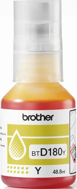 Eine gelbe Brother-Tintenflasche mit einem durchsichtigen Deckel. Sie enthält gelbe Tinte mit einem gelben Etikett mit der Aufschrift BT D180Y.