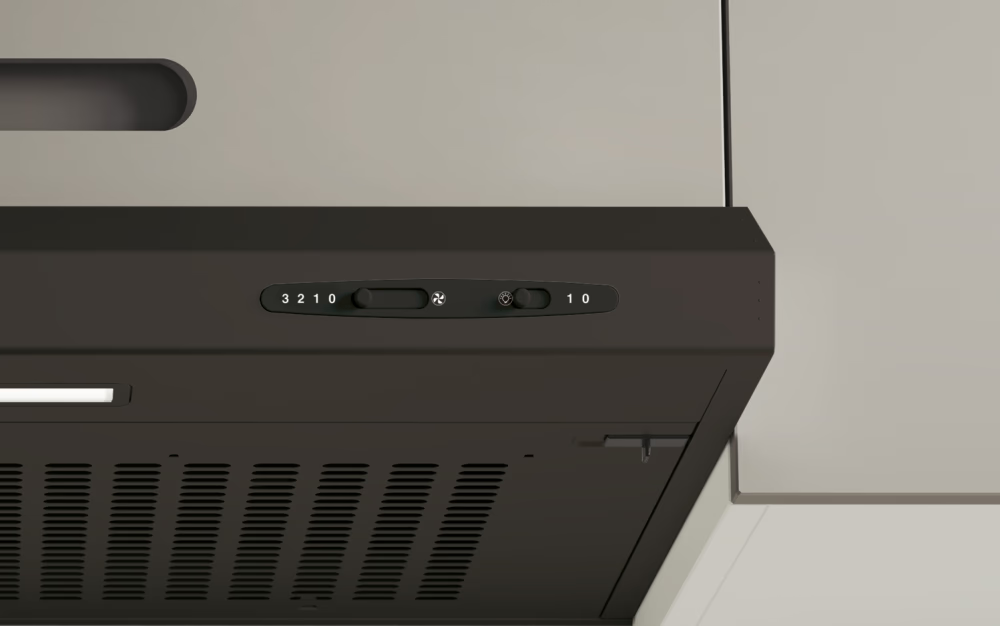Fekete páraelszívó vezérlőpanellel, amely ventilátor- és világítási lehetőségeket mutat. 0-3 számok és egy ventilátor szimbólum látható.