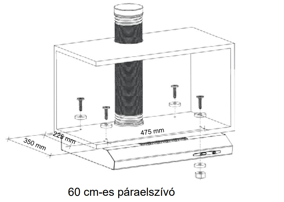 Egy 60 cm-es páraelszívó diagramja. Méreteket, csavarokat és egy csatornát mutat. Tartalmaz egy ventilátort és egy téglalap alakú házat.