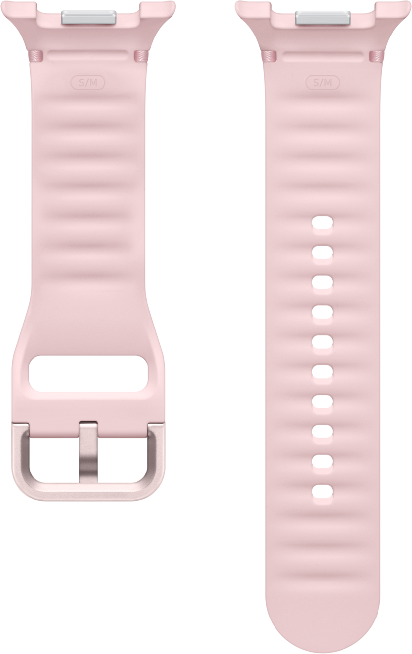 Due cinturini rosa per orologio con chiusure argentate. Uno ha una fibbia, l'altro fori. Entrambi hanno 'S/M' e una texture a coste.