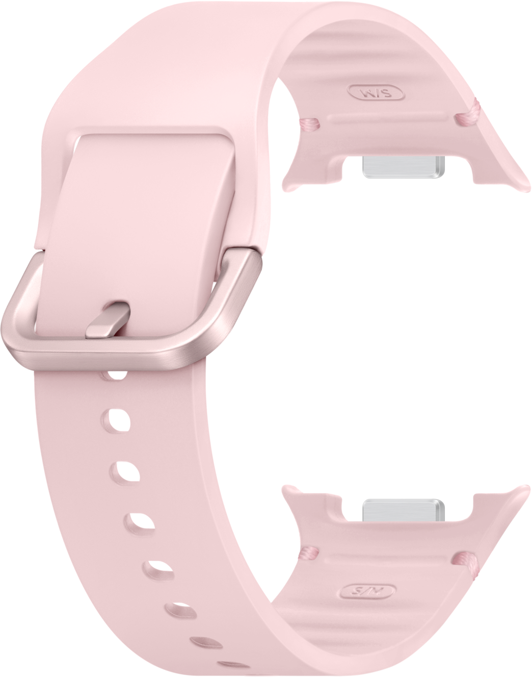 Un cinturino rosa chiaro con fibbia argentata. Ha fori per la regolazione ed è pronto per essere attaccato all'orologio.