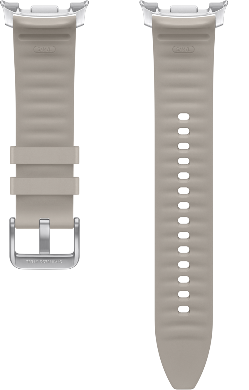 Due cinturini per orologi, color beige, con fibbia e connettore argentati. Un cinturino ha fori, l'altro ha una fibbia.