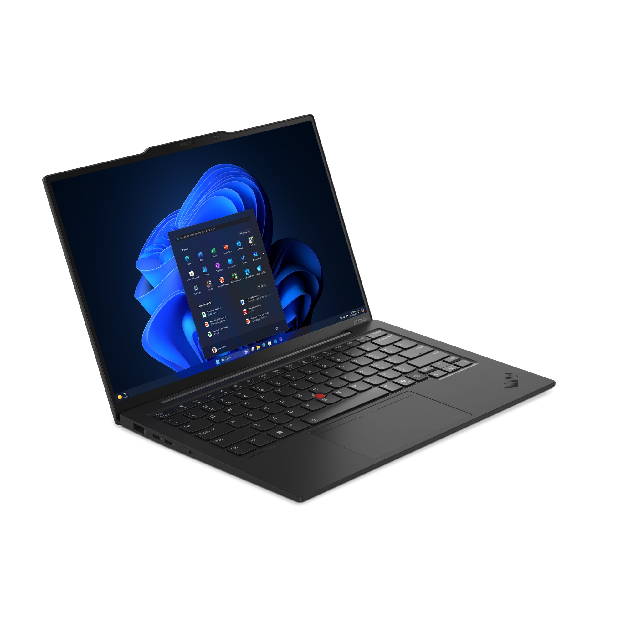 Schwarzer Laptop auf schwarzem Hintergrund, Bildschirm zeigt Windows 11 Oberfläche mit App-Symbolen.