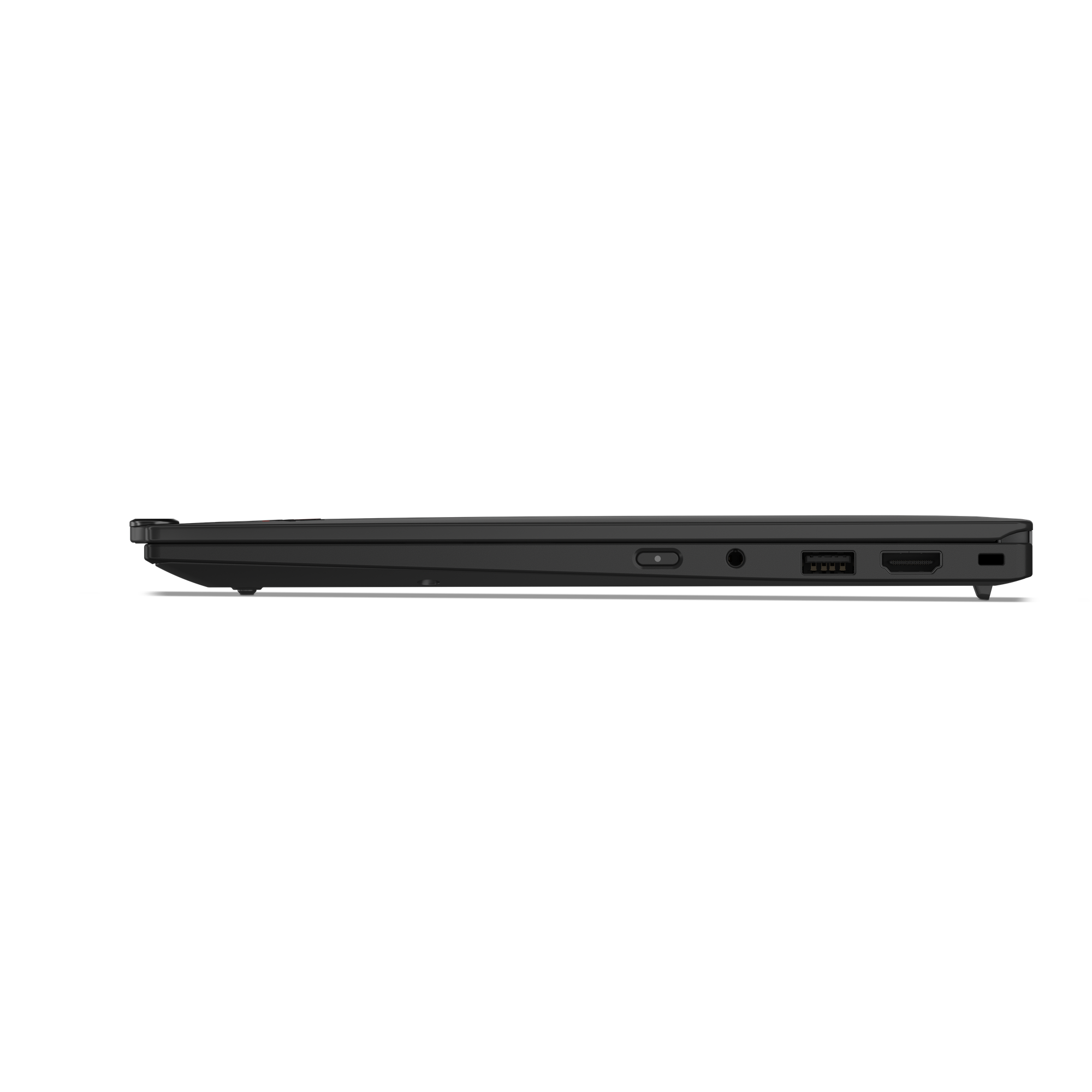 Seitenansicht eines schwarzen Laptops. Anschlüsse sind USB, HDMI und Audioanschluss.