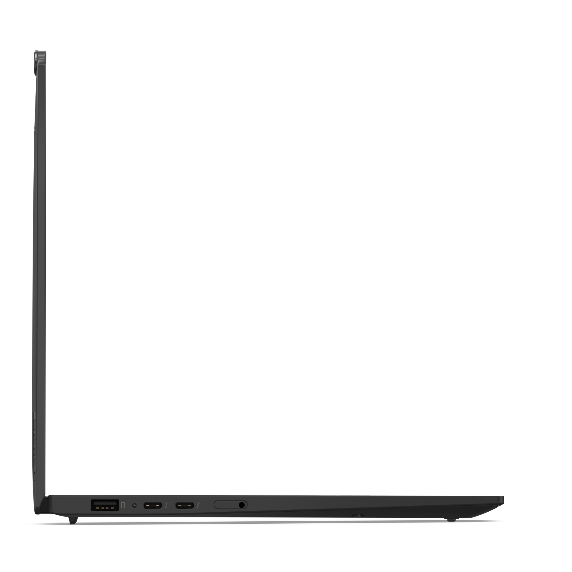 Seitenansicht eines schwarzen Laptops mit Anschlüssen und schlankem Design. Der Bildschirm ist geschlossen. Der Hintergrund ist schwarz.